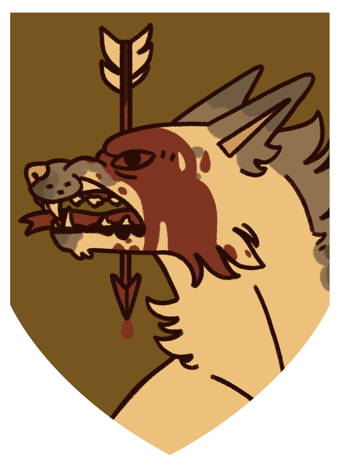 ook.monster crest — a heraldic tyger's head pierced by an arrow, banner gripped in its jaws, on a gold field