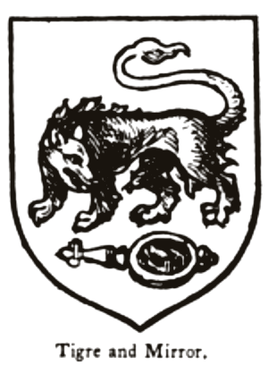 A heraldic shield charged with a tyger gazing into a mirror