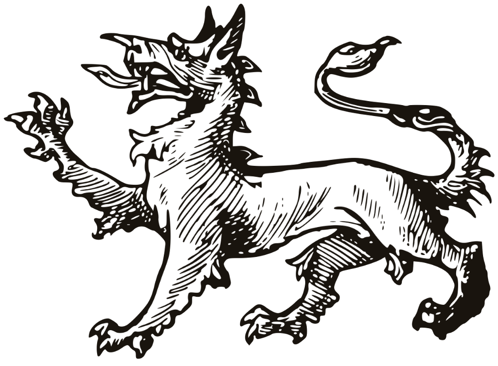 A heraldic tyger rampant — a wolf-bodied beast with a maned neck, a curved nose-horn and a lion's tail